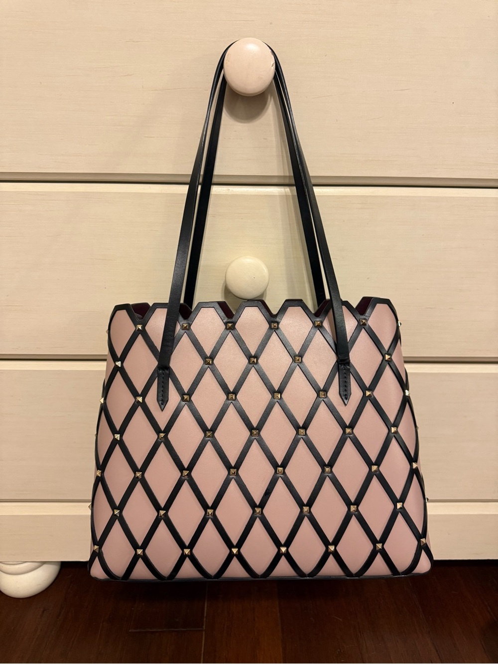 Valentino Rock Stud Lattice Tote Bag with Black Trim